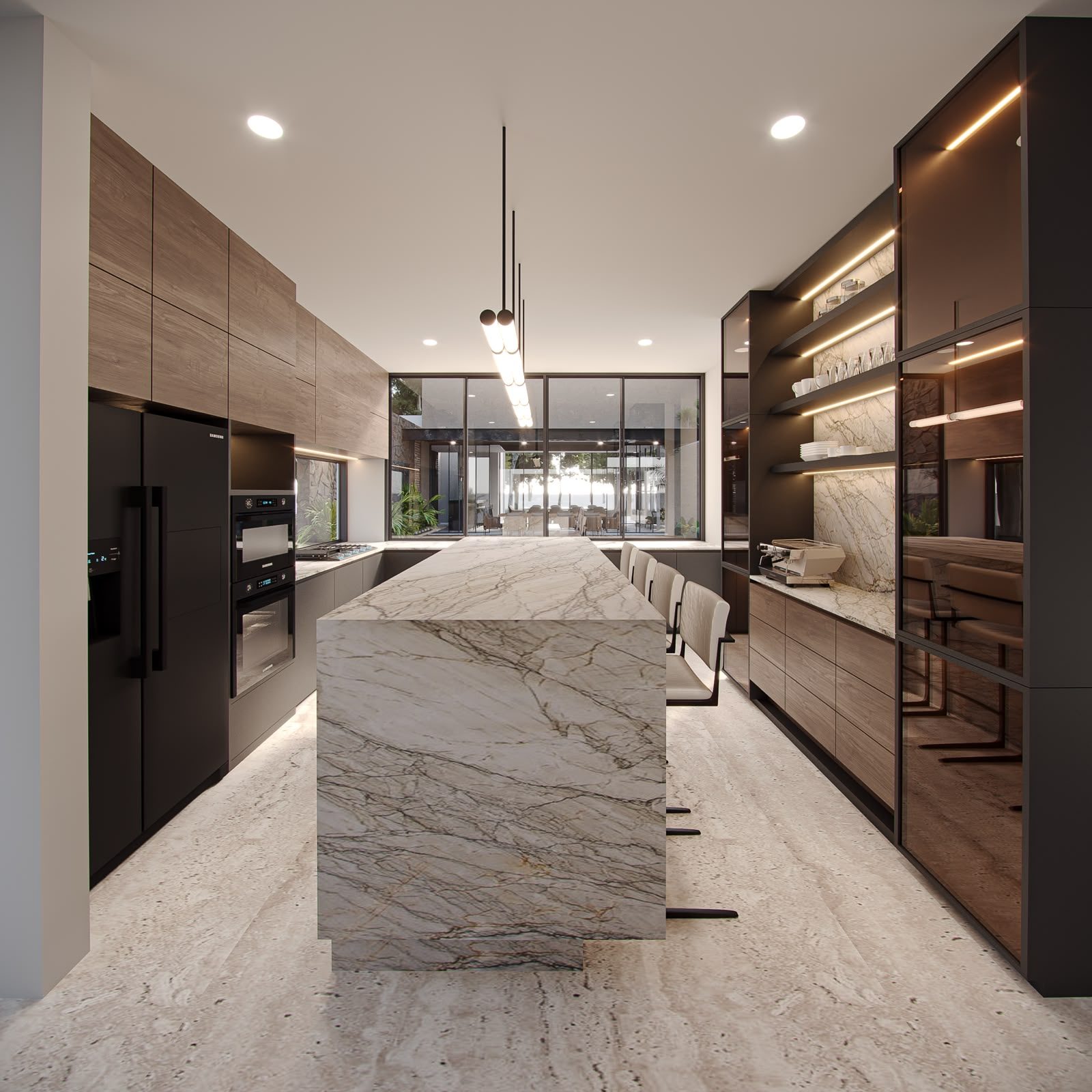 Kitchen with waterfall marble island and smoked-glass cabinets