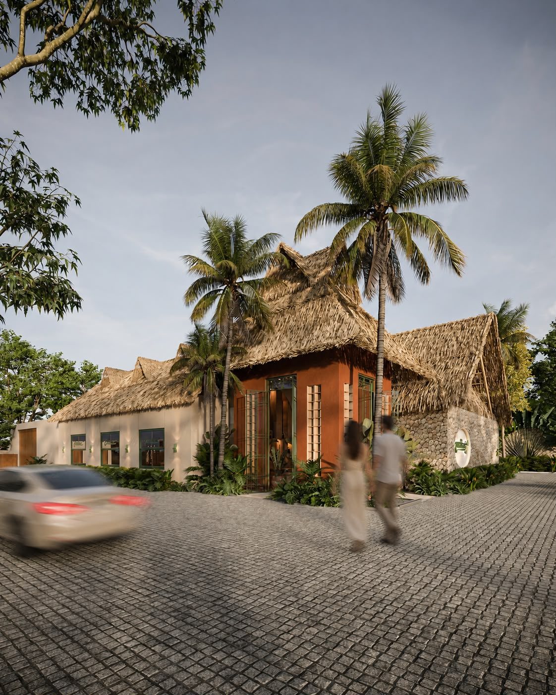 Restaurant exterior with palm thatch roof and terracotta facade